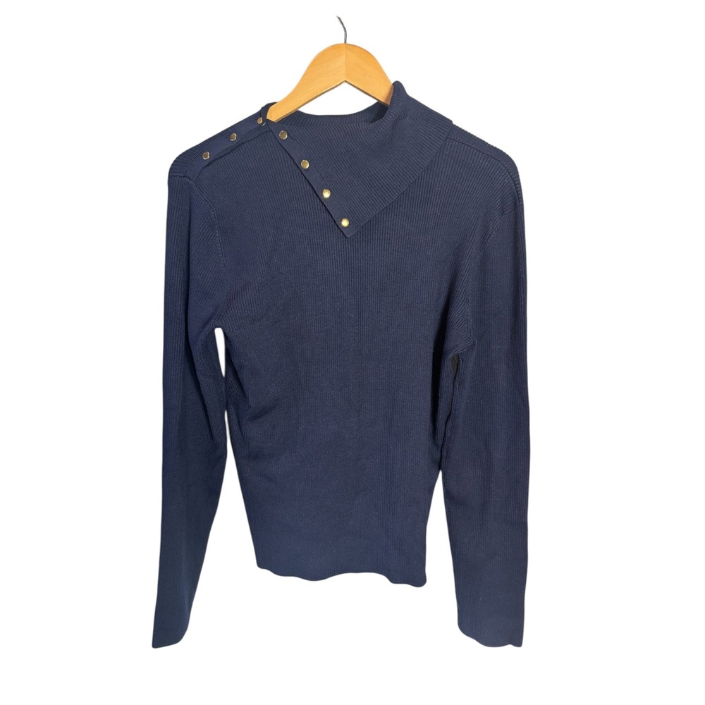 Lauren Ralph Lauren Navy Ribbed Mock‎ Button Neck Detail XL Silk Blend Luxury